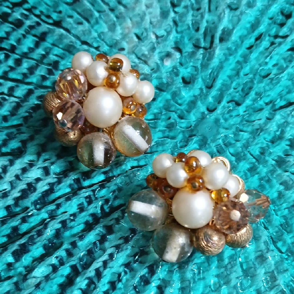 Vintage--Gold and Pearl Cluster Earrings
